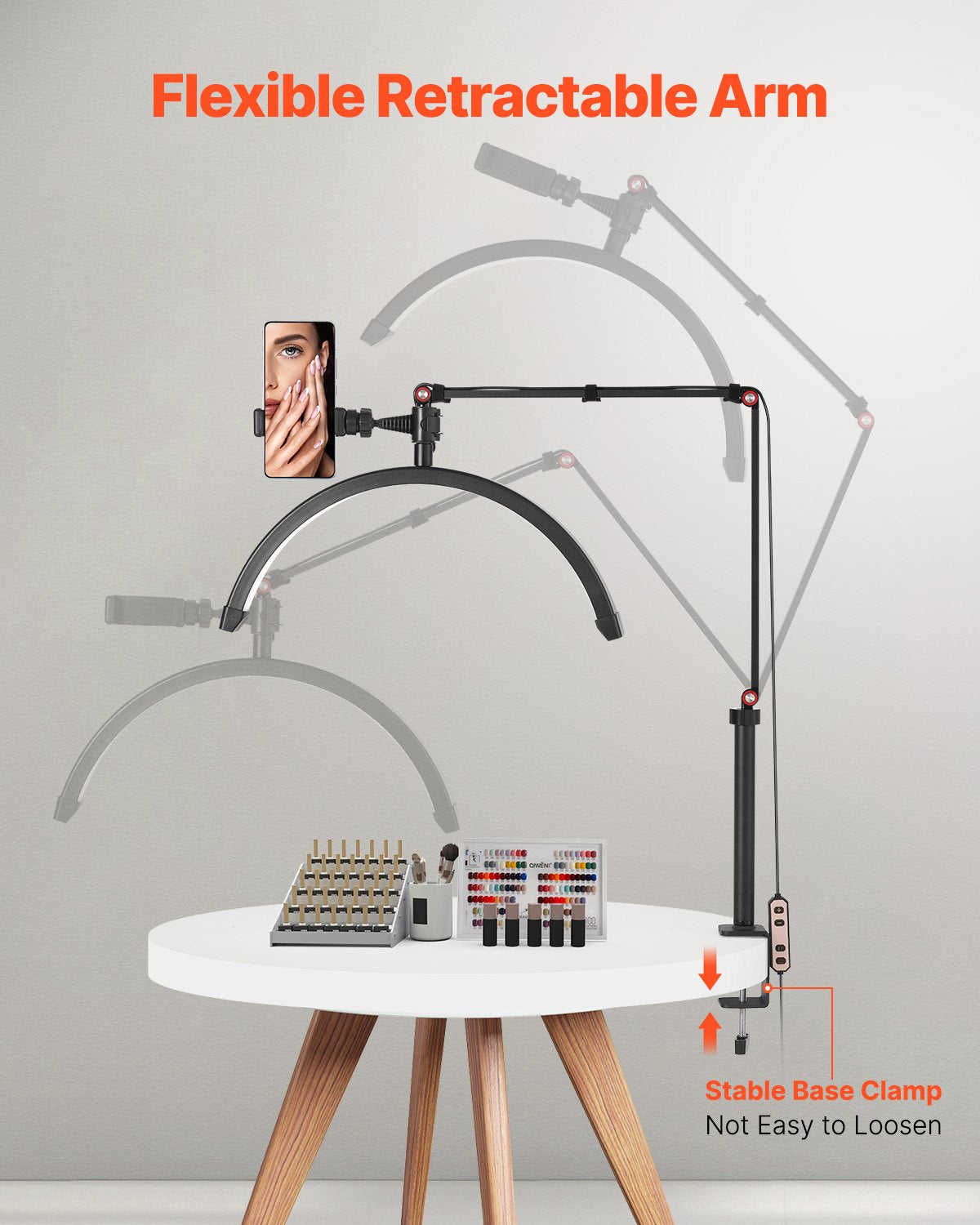 Spikbordslampa 20 W Clip on Half Moon Lash Light med telefonhållare välvd LED