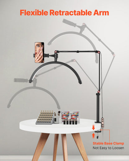 Spikbordslampa 20 W Clip on Half Moon Lash Light med telefonhållare välvd LED