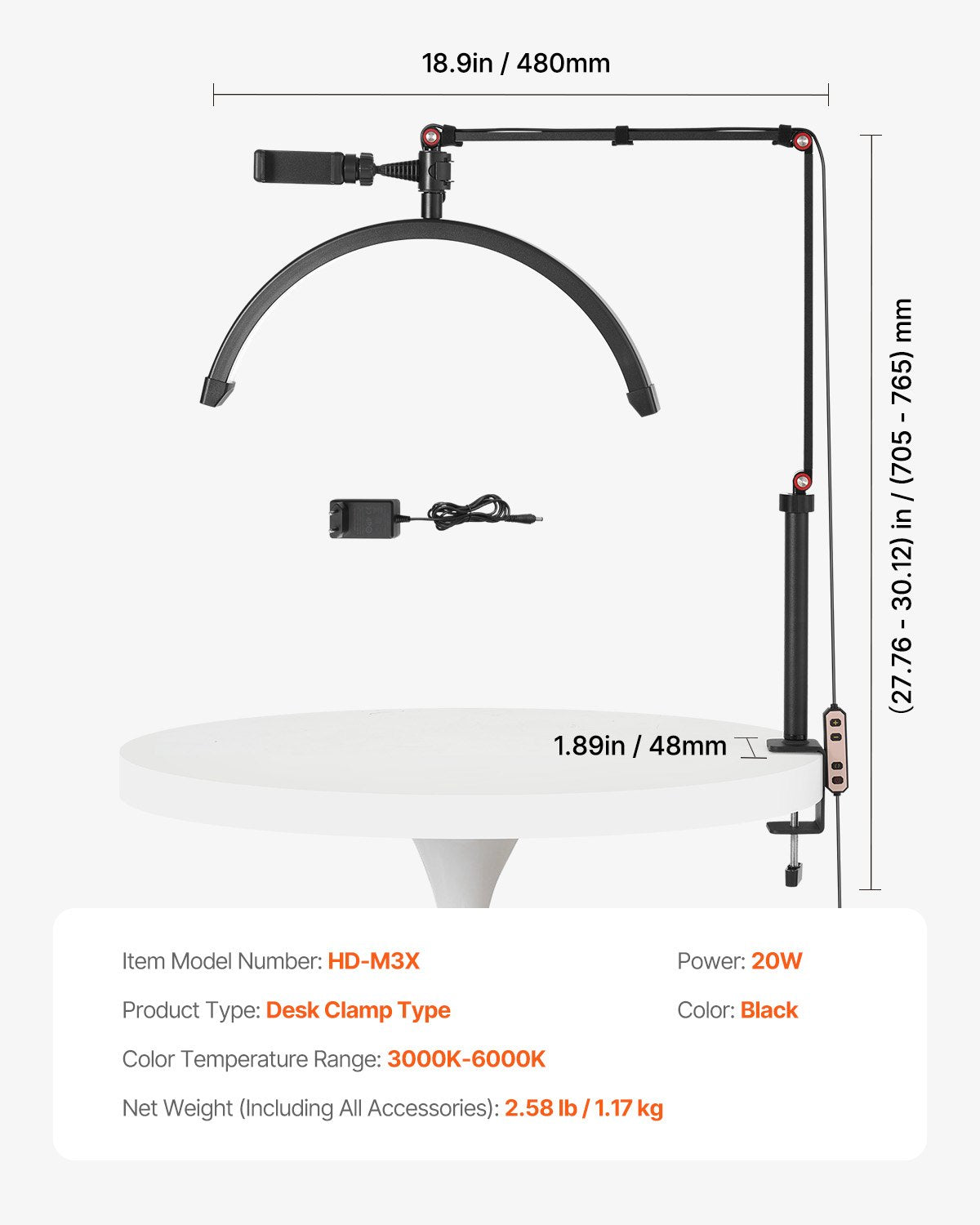 Spikbordslampa 20 W Clip on Half Moon Lash Light med telefonhållare välvd LED