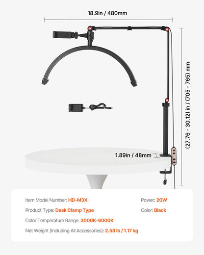 Spikbordslampa 20 W Clip on Half Moon Lash Light med telefonhållare välvd LED