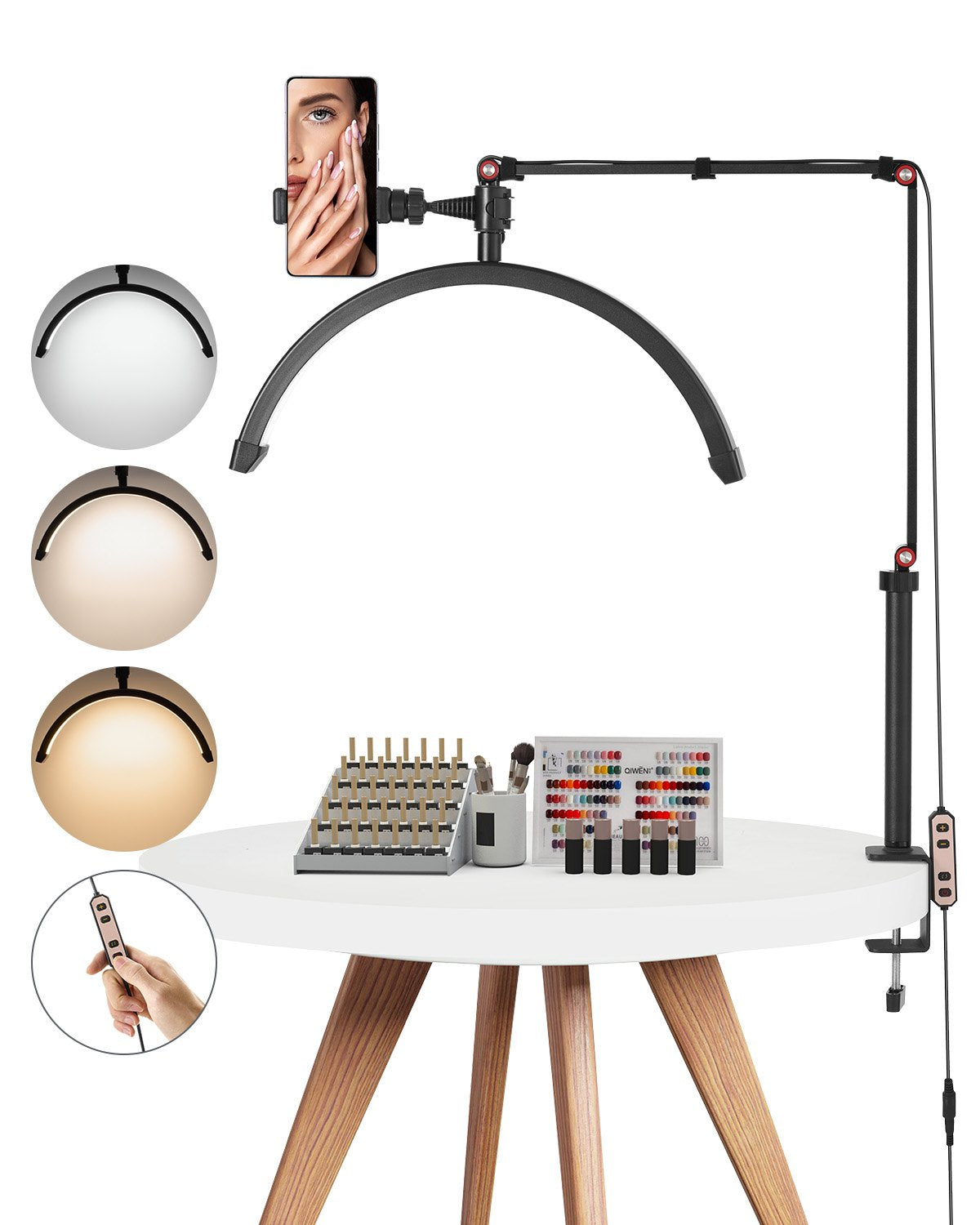 Spikbordslampa 20 W Clip on Half Moon Lash Light med telefonhållare välvd LED