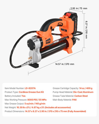 Cordless Grease Gun, 8000 PSI Max Pressure, 20V Electric Grease Gun with 2.0 Ah Battery & LED Light, 30-inch Long Hose & Carrying Case, Variable Speed Triggers, Vehicles or Machines Greasing