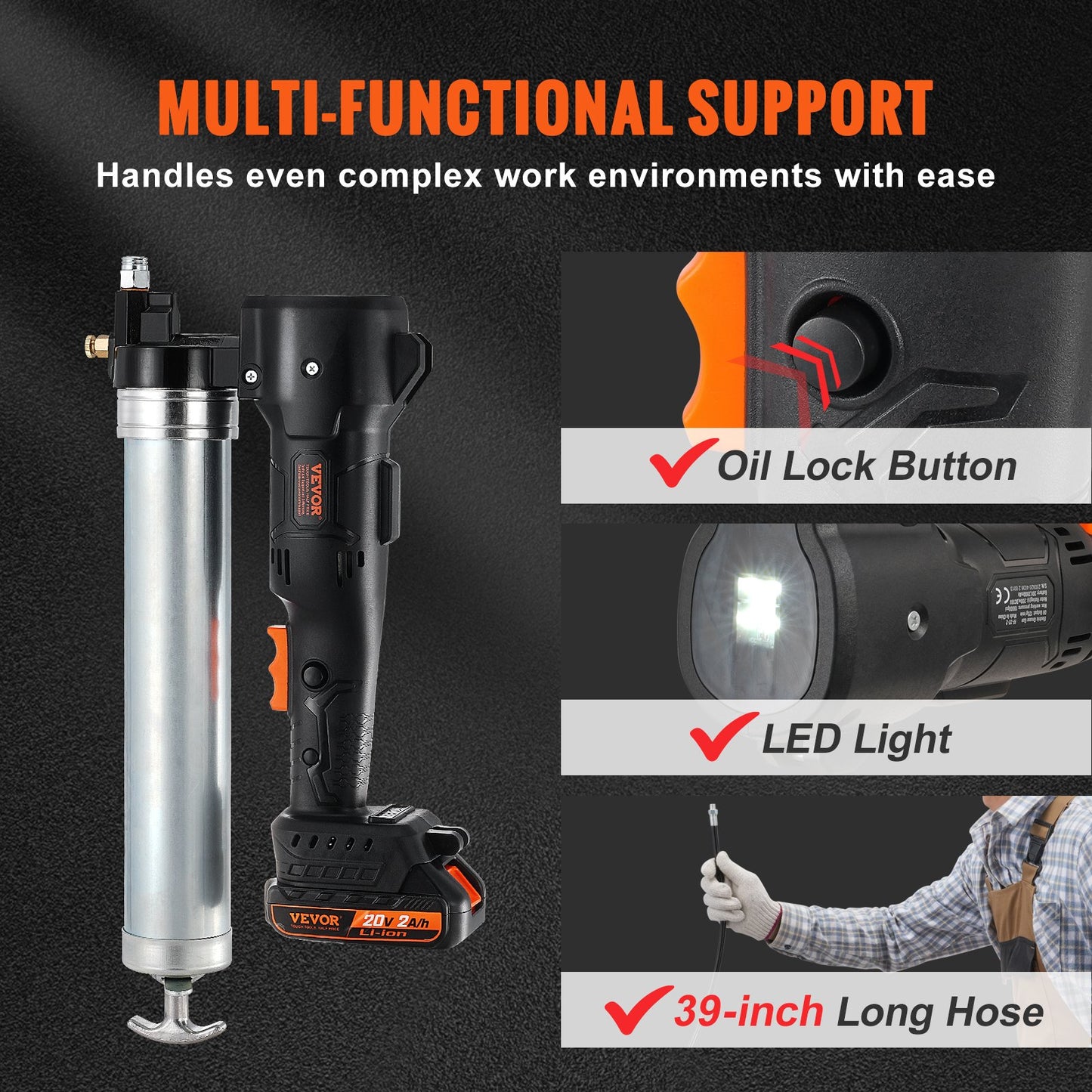 Cordless Grease Gun, 20-Volt, 10,000 PSI, 39" Long Hose, Electric Grease Gun Kit Professional High Pressure Battery Powered Grease Gun with Carrying Case, Battery and Charger Included, Black