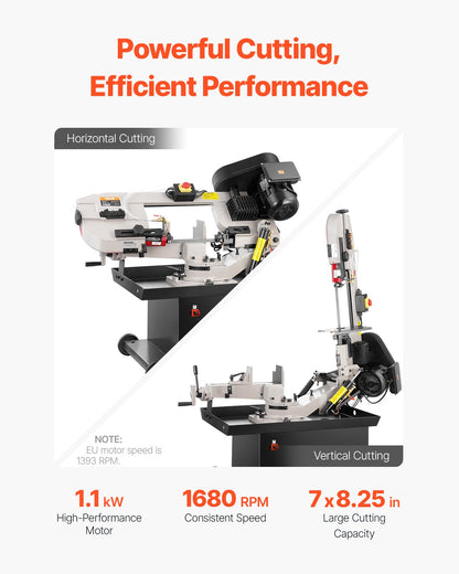Metal Horizontal Band Saw, 7 x 8.25 in Rectangular Cutting Capacity, 110/220V Vertical Cutting Bandsaw with 1.1 kW Motor, 0-45° Angle Adjustment, Variable Speed, for Metal, Wood, and Plastic