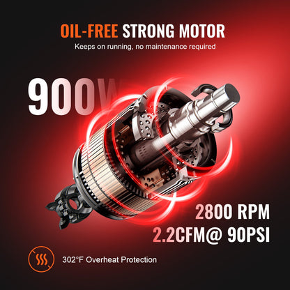 Luftkompressor, 2,1 Gallonen, 900 W, 2,2 CFM bei 90 PSI, 70 dB, ultraleise, ölfrei