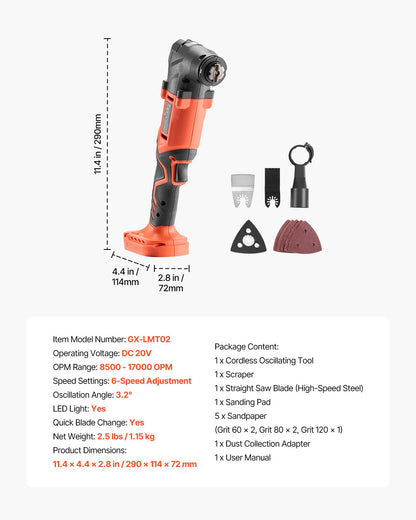 Cordless Oscillating Tool, 20V Multitool Oscillating Tool with 6 Variable Speeds 8500 - 17000 OPM, 3.2° Oscillating Angle, 8PCS Saw Accessories & LED Work Light (Battery Pack Not Included)