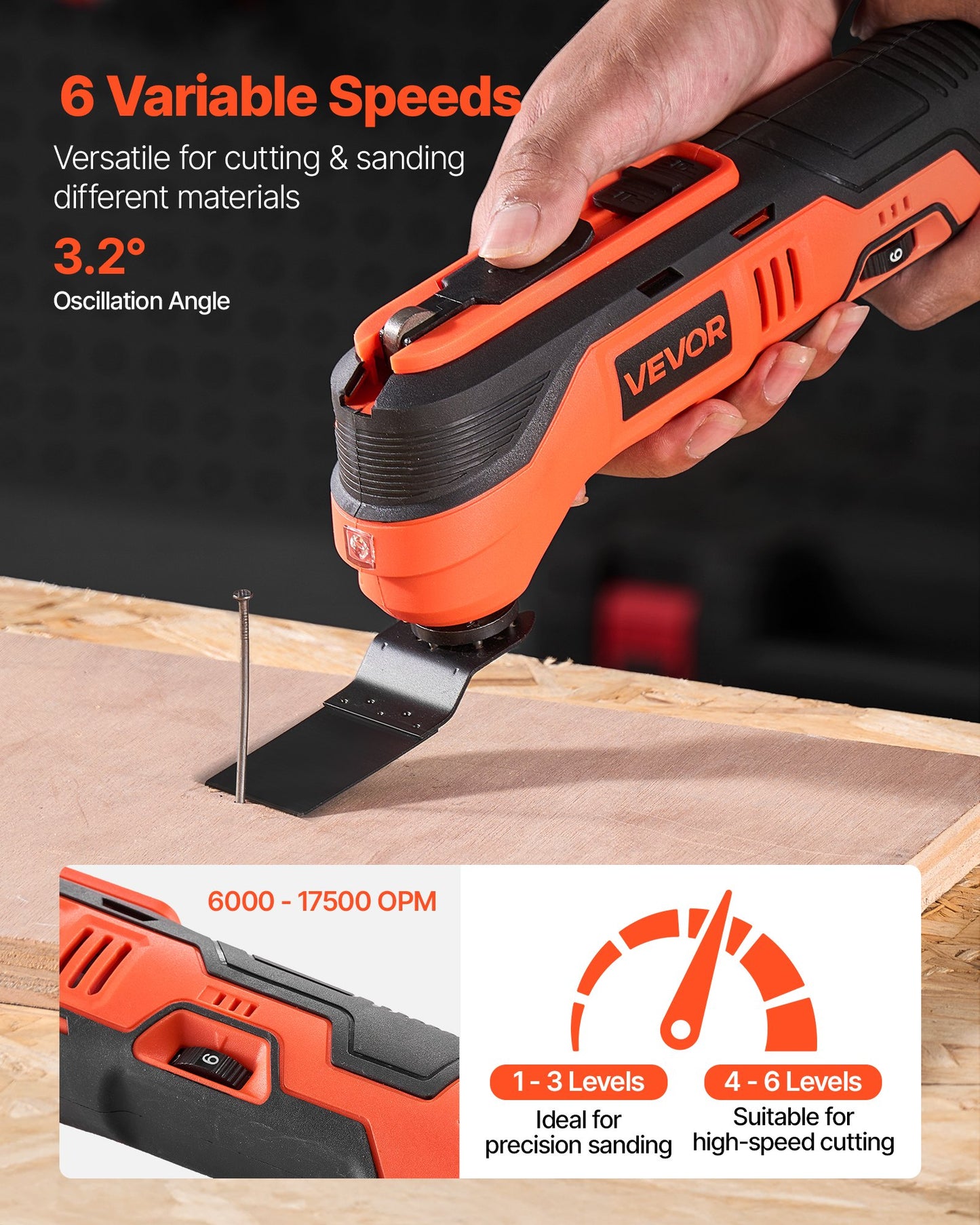 Cordless Oscillating Tool, 12V Multitool Oscillating Saw Tool with 6 Variable Speeds 6000 - 17500 OPM, 3.2° Oscillation Angle, 2.0Ah Battery Pack & Charger, 8PCS Saw Accessories & LED Work Light