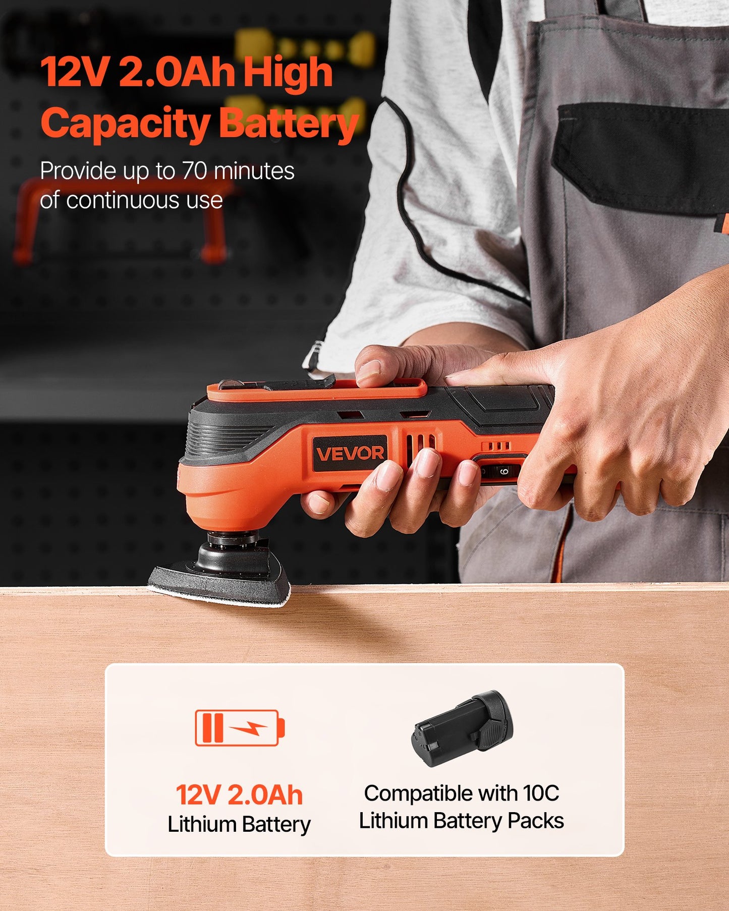 Cordless Oscillating Tool, 12V Multitool Oscillating Saw Tool with 6 Variable Speeds 6000 - 17500 OPM, 3.2° Oscillation Angle, 2.0Ah Battery Pack & Charger, 8PCS Saw Accessories & LED Work Light