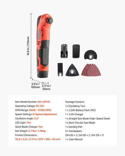 Cordless Oscillating Tool, 12V Multitool Oscillating Saw Tool with 6 Variable Speeds 6000 - 17500 OPM, 3.2° Oscillation Angle, 2.0Ah Battery Pack & Charger, 8PCS Saw Accessories & LED Work Light
