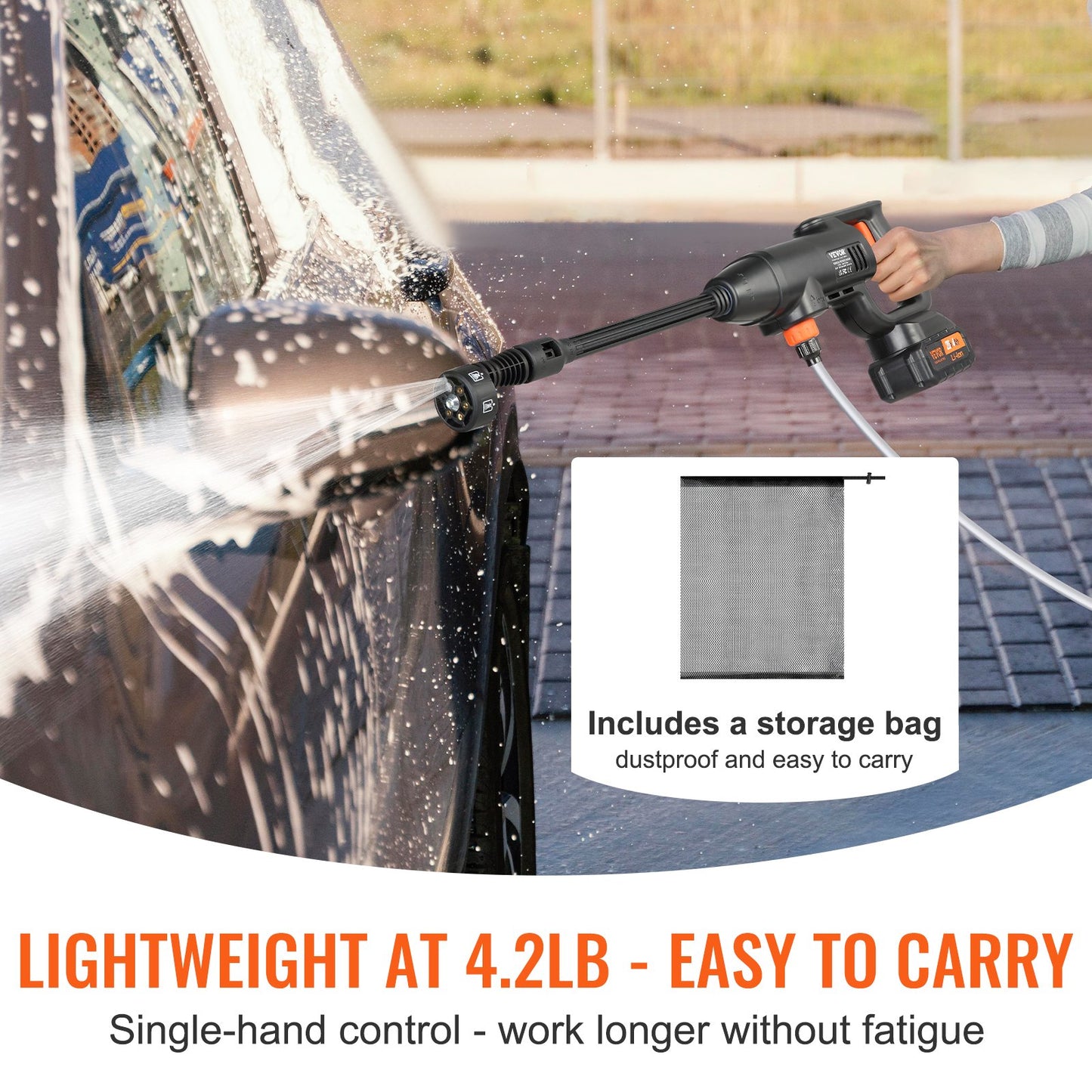 Cordless Pressure Washer, 580-PSI 1.1 GPM Portable Power Cleaner, Handheld High-Pressure Car Washer Gun with 4.0Ah Battery, Charger, 6-in-1 Nozzle, for Home/Floor Cleaning & Watering