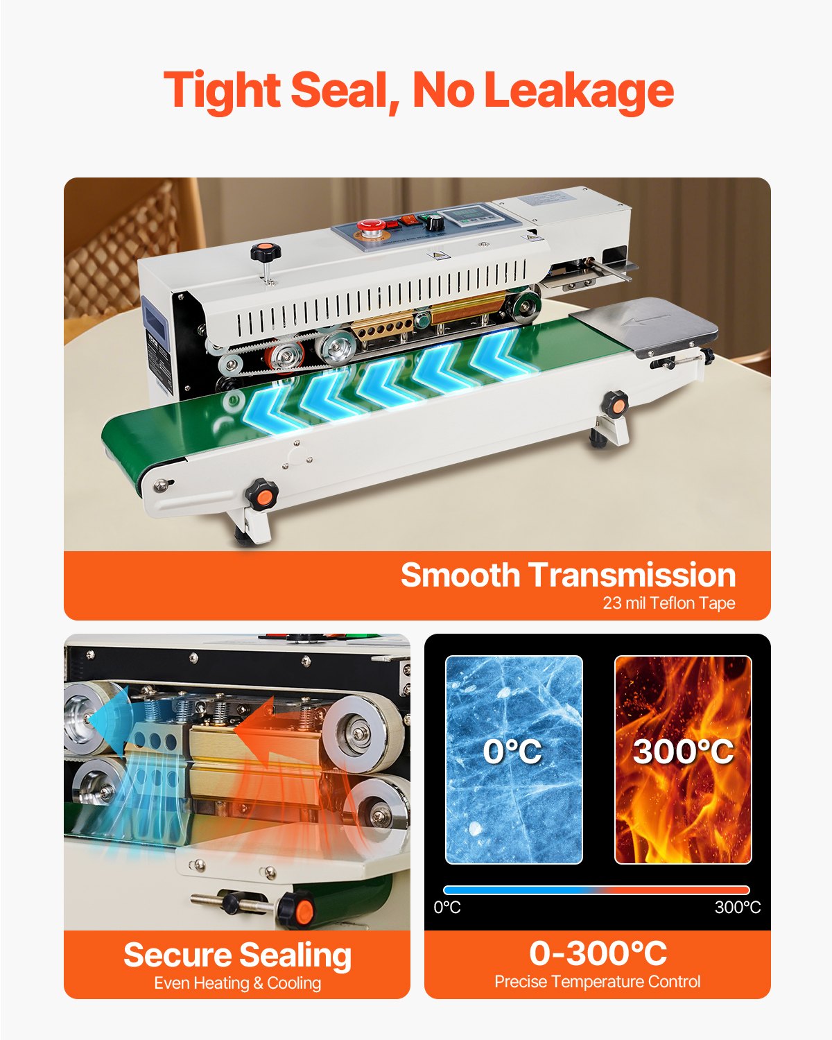 Continuous Bag Band Sealing Machine, 0.24-0.47 in/6-12 mm Seal Width, Horizontal Band Sealer Machine with Digital Temperature Control, Bag Sealer for 0.02-0.8 mm Plastic Bags, Inflation Function