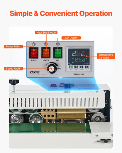 Continuous Bag Band Sealing Machine, 0.24-0.47 in/6-12 mm Seal Width, Horizontal Band Sealer Machine with Digital Temperature Control, Bag Sealer for 0.02-0.8 mm Plastic Bags, Inflation Function