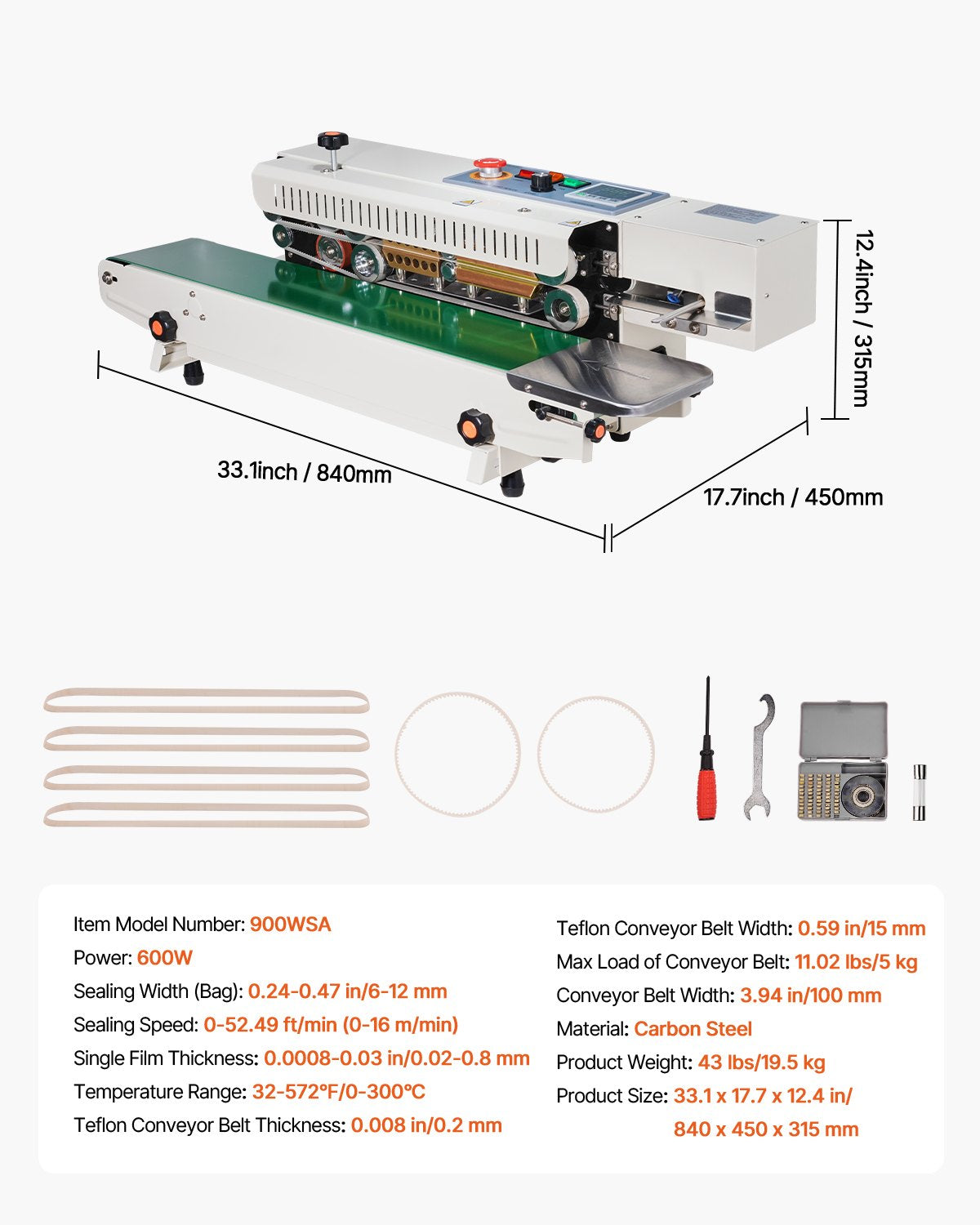 Continuous Bag Band Sealing Machine, 0.24-0.47 in/6-12 mm Seal Width, Horizontal Band Sealer Machine with Digital Temperature Control, Bag Sealer for 0.02-0.8 mm Plastic Bags, Inflation Function