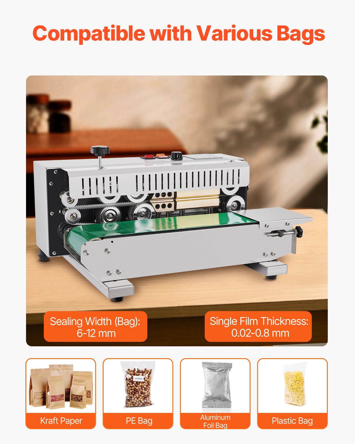 Continuous Bag Band Sealing Machine, 0.24-0.47 in/6-12 mm Seal Width, Horizontal Band Sealer Machine with Digital Temperature Control, Stainless Steel Bag Sealer for 0.02-0.8 mm Plastic Bag Film
