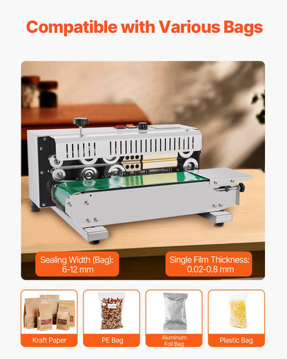 Continuous Bag Band Sealing Machine, 0.24-0.47 in/6-12 mm Seal Width, Horizontal Band Sealer Machine with Digital Temperature Control, Stainless Steel Bag Sealer for 0.02-0.8 mm Plastic Bag Film