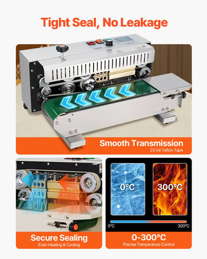 Continuous Bag Band Sealing Machine, 0.24-0.47 in/6-12 mm Seal Width, Horizontal Band Sealer Machine with Digital Temperature Control, Stainless Steel Bag Sealer for 0.02-0.8 mm Plastic Bag Film