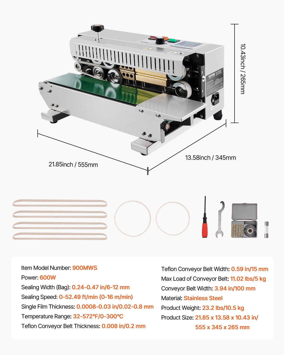 Continuous Bag Band Sealing Machine, 0.24-0.47 in/6-12 mm Seal Width, Horizontal Band Sealer Machine with Digital Temperature Control, Stainless Steel Bag Sealer for 0.02-0.8 mm Plastic Bag Film