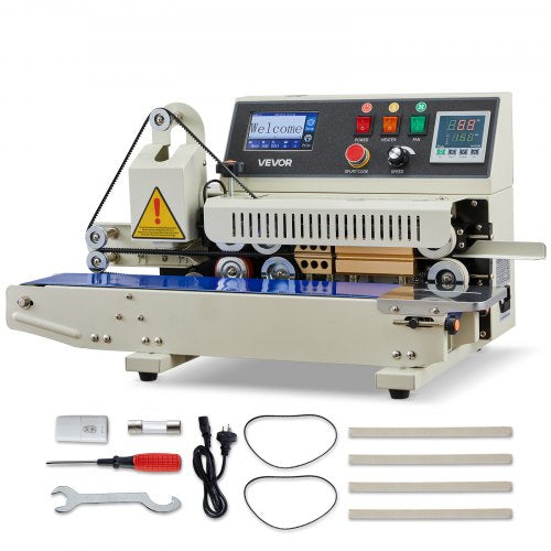 Continuous Bag Band Sealing Machine, 0.24-0.47 in Seal Width, Horizontal Band Sealer Machine with Ink Printing, Temp & Speed Adjustable, Heat Sealing Machine for 0.001-0.03 in Plastic Bags