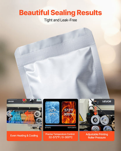 Continuous Bag Band Sealing Machine, 0.24-0.47 in Seal Width, Horizontal Band Sealer Machine with Ink Printing, Temp & Speed Adjustable, Heat Sealing Machine for 0.001-0.03 in Plastic Bags