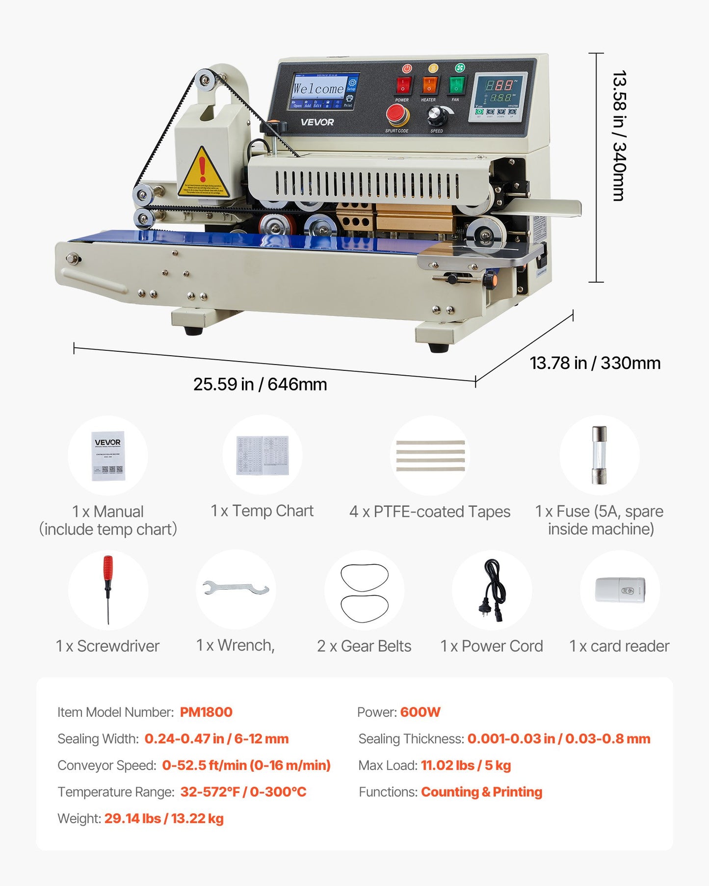 Continuous Bag Band Sealing Machine, 0.24-0.47 in Seal Width, Horizontal Band Sealer Machine with Ink Printing, Temp & Speed Adjustable, Heat Sealing Machine for 0.001-0.03 in Plastic Bags
