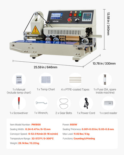 Continuous Bag Band Sealing Machine, 0.24-0.47 in Seal Width, Horizontal Band Sealer Machine with Ink Printing, Temp & Speed Adjustable, Heat Sealing Machine for 0.001-0.03 in Plastic Bags