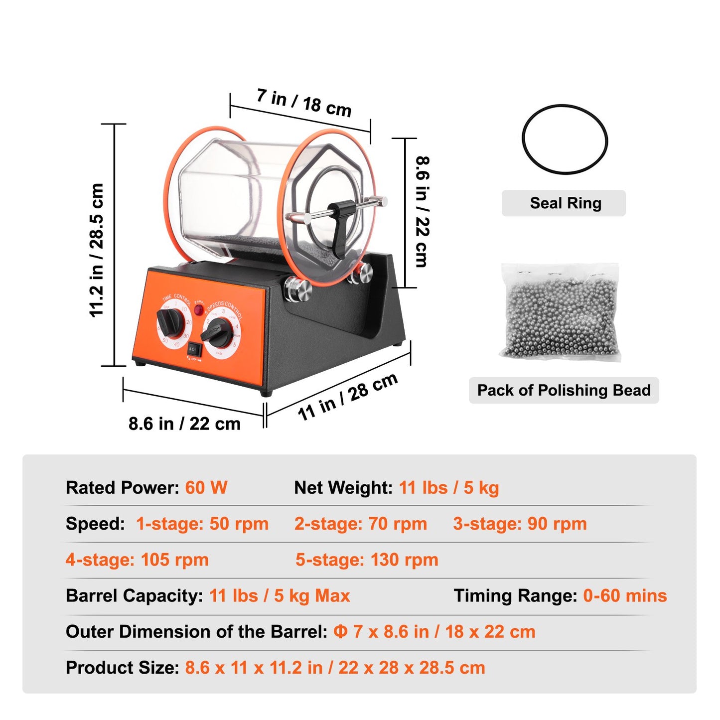 Jewelry Polisher Tumbler, 11lbs/5kg Capacity Mini Rotary Tumbler Machine with 0-60 Minutes Timer, 5 Speeds Jewelry Rotary Finisher for Surface Polishing Grinding Buffing Gemstones Jewels Coins