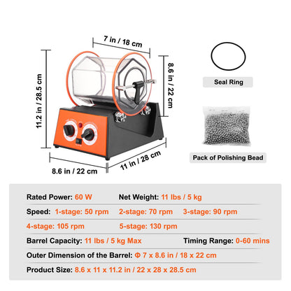 Jewelry Polisher Tumbler, 11lbs/5kg Capacity Mini Rotary Tumbler Machine with 0-60 Minutes Timer, 5 Speeds Jewelry Rotary Finisher for Surface Polishing Grinding Buffing Gemstones Jewels Coins