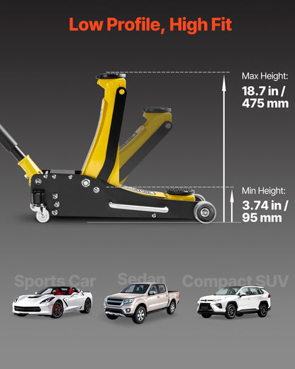Low Profile Floor Jack, 2.5 Ton (5500 lbs) Capacity, Aluminum & Steel Racing Floor Jack with Dual Pistons Quick Lift Pump, Hydraulic Trolley Car Lift for Compact SUVs, Lifting Range 3.74-18.7 in