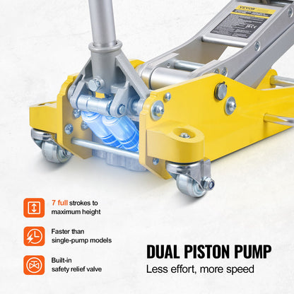 Low Profile Floor Jack 3 Ton (6600 lbs), Heavy Duty Aluminum Hydraulic Racing Floor Jack, Hydraulic Car Jack, Dual Piston Quick Lift Pump, 3.7"-18.3" Height Lifting Range (Yellow)