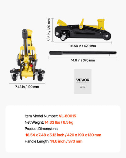 Low Profile Floor Jack, 1.5 Ton (3300 lbs) Capacity, Steel Racing Floor Jack with Single Piston Quick Lift Pump, Hydraulic Trolley Car Lift for Sports Cars, Sedans, Lifting Range 5.1-12.2 Inches