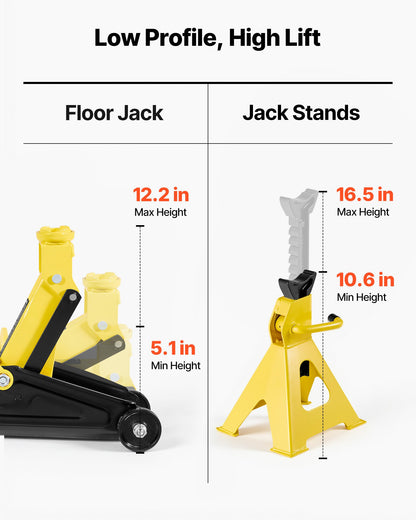 Low Profile Floor Jack, 2 Ton (4400 lbs) Capacity, Steel Racing Floor Jack with Stands, Single Piston Quick Lift Pump, Hydraulic Trolley Car Lift for Compact SUVs, Lifting Range 5.1-12.2 Inches