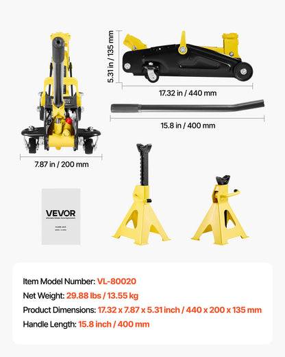 Low Profile Floor Jack, 2 Ton (4400 lbs) Capacity, Steel Racing Floor Jack with Stands, Single Piston Quick Lift Pump, Hydraulic Trolley Car Lift for Compact SUVs, Lifting Range 5.1-12.2 Inches