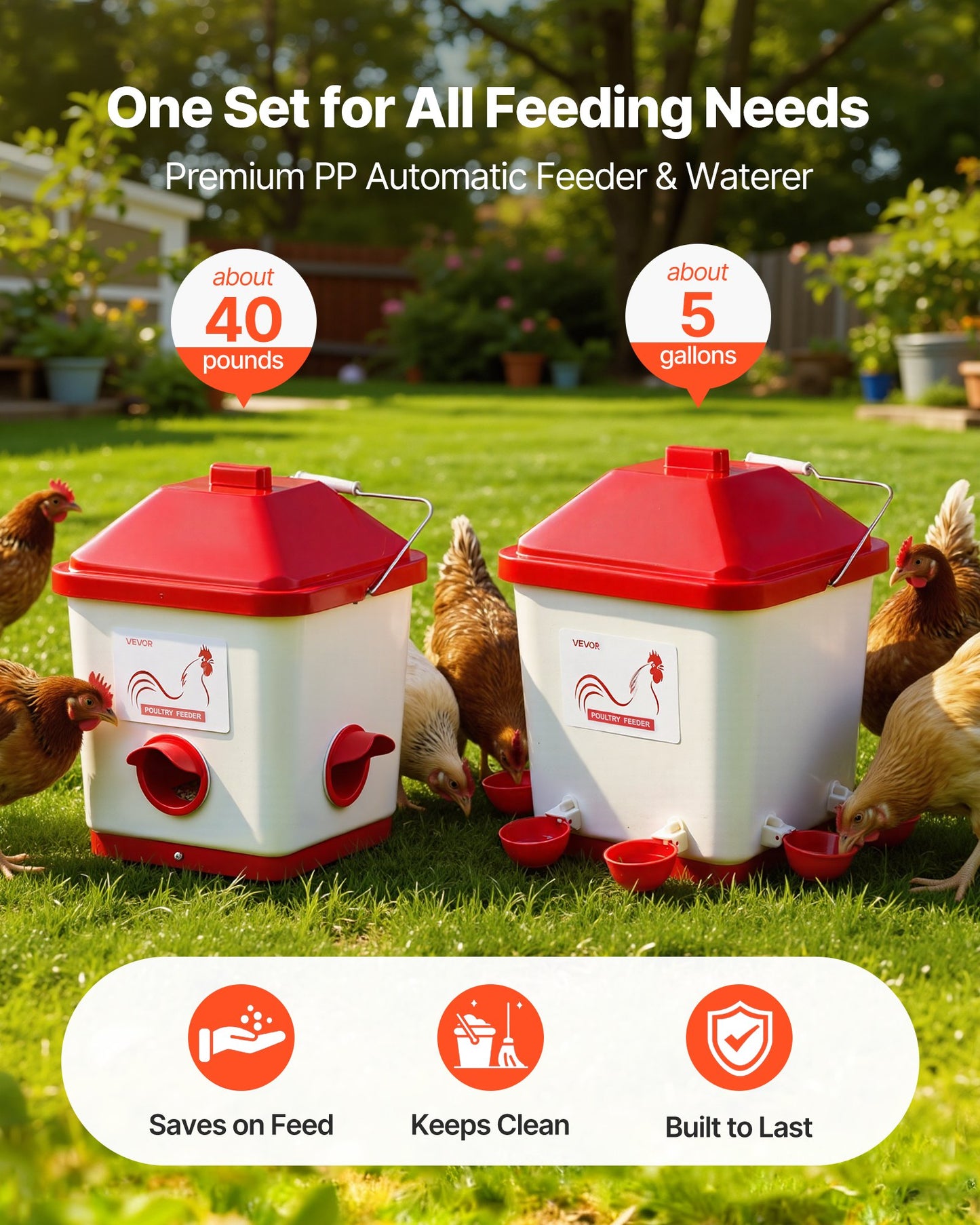 Automatic Chicken Feeder & Waterer Set, 5 Gallon/40 Pounds, Rain Proof Hanging Poultry Feeder with Water Cup No Waste, Automatic Gravity, Avoid Small Animals, Suitable for Chicken, Duck, Turkey