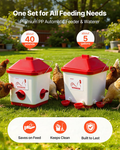 Automatic Chicken Feeder & Waterer Set, 5 Gallon/40 Pounds, Rain Proof Hanging Poultry Feeder with Water Cup No Waste, Automatic Gravity, Avoid Small Animals, Suitable for Chicken, Duck, Turkey