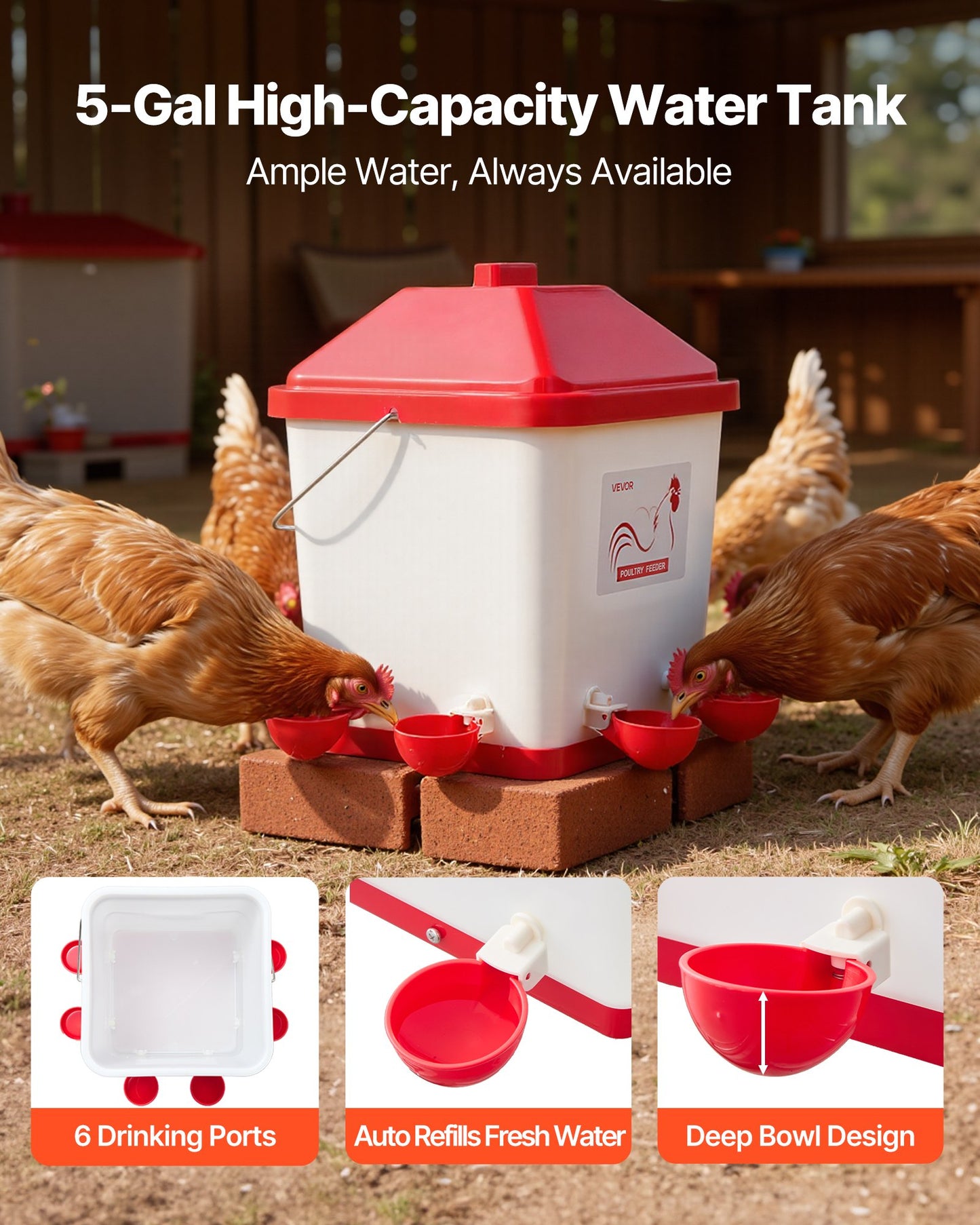 Automatic Chicken Feeder & Waterer Set, 5 Gallon/40 Pounds, Rain Proof Hanging Poultry Feeder with Water Cup No Waste, Automatic Gravity, Avoid Small Animals, Suitable for Chicken, Duck, Turkey