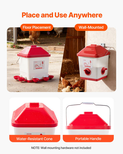 Automatic Chicken Feeder & Waterer Set, 5 Gallon/40 Pounds, Rain Proof Hanging Poultry Feeder with Water Cup No Waste, Automatic Gravity, Avoid Small Animals, Suitable for Chicken, Duck, Turkey