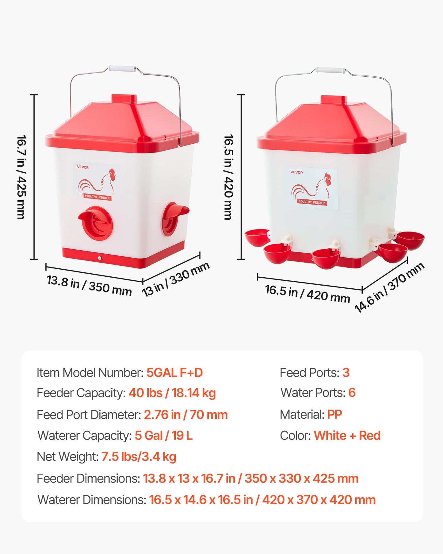 Automatic Chicken Feeder & Waterer Set, 5 Gallon/40 Pounds, Rain Proof Hanging Poultry Feeder with Water Cup No Waste, Automatic Gravity, Avoid Small Animals, Suitable for Chicken, Duck, Turkey