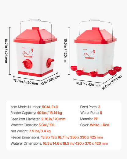 Automatic Chicken Feeder & Waterer Set, 5 Gallon/40 Pounds, Rain Proof Hanging Poultry Feeder with Water Cup No Waste, Automatic Gravity, Avoid Small Animals, Suitable for Chicken, Duck, Turkey