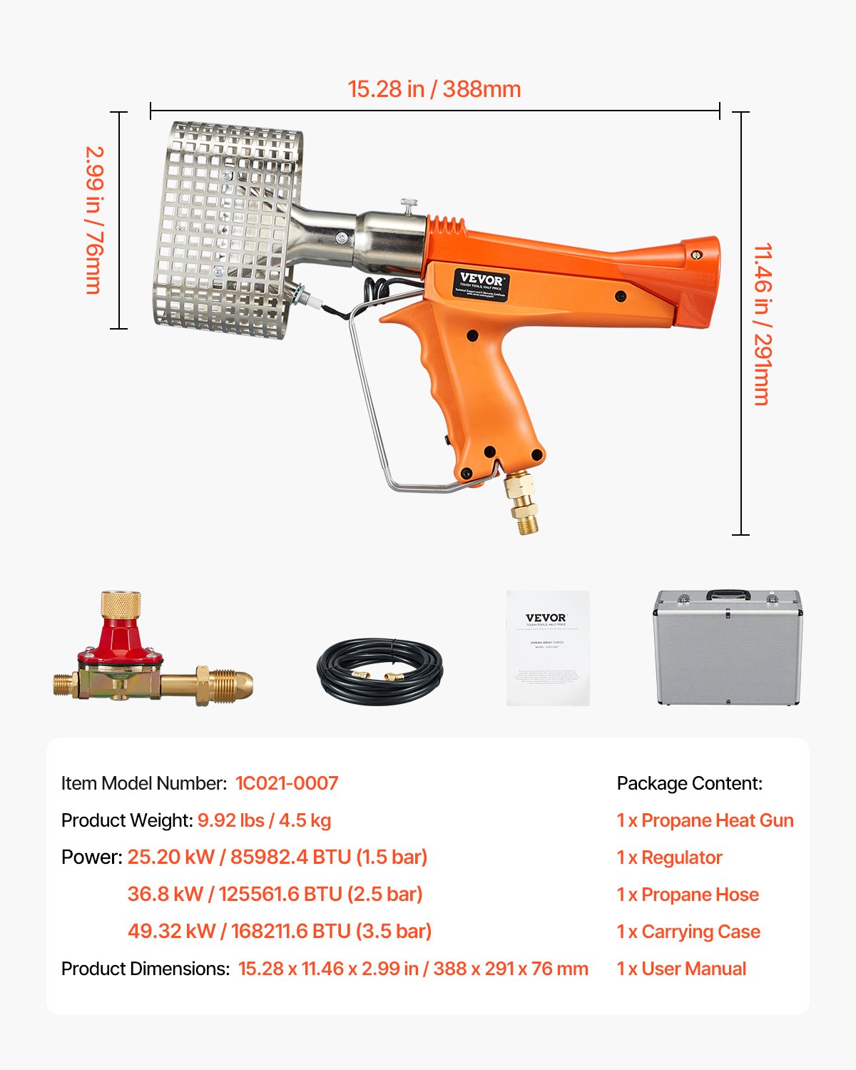 Propane Heat Gun, Up to 187660 BTU Hot Air Gun with Adjustable Regulator, 26 FT Hose, and Hard Carrying Case, Ideal for Boat Plastic Film Shrink Wrapping, Pallet Packaging, Crafting