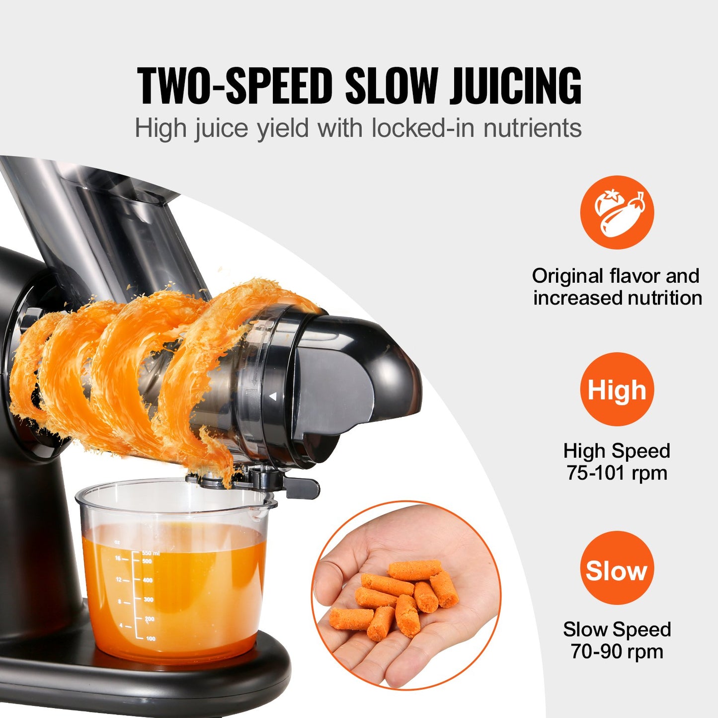 Slow Masticating Juicer, 2-Speed Mode Cold Press Juicer Machine with Reverse Function, Quiet Motor Slow Juicer, Juice Extractor Maker Easy to Clean with Brush, for High Nutrient Fruit Vegetable