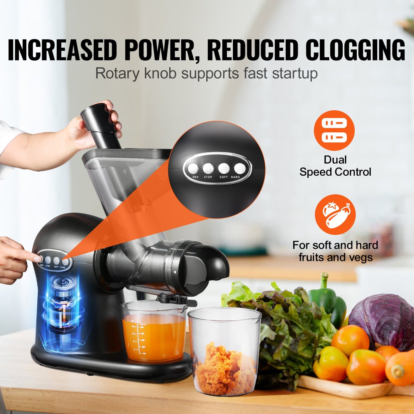 Slow Masticating Juicer, 2-Speed Mode Cold Press Juicer Machine with Reverse Function, Quiet Motor Slow Juicer, Juice Extractor Maker Easy to Clean with Brush, for High Nutrient Fruit Vegetable