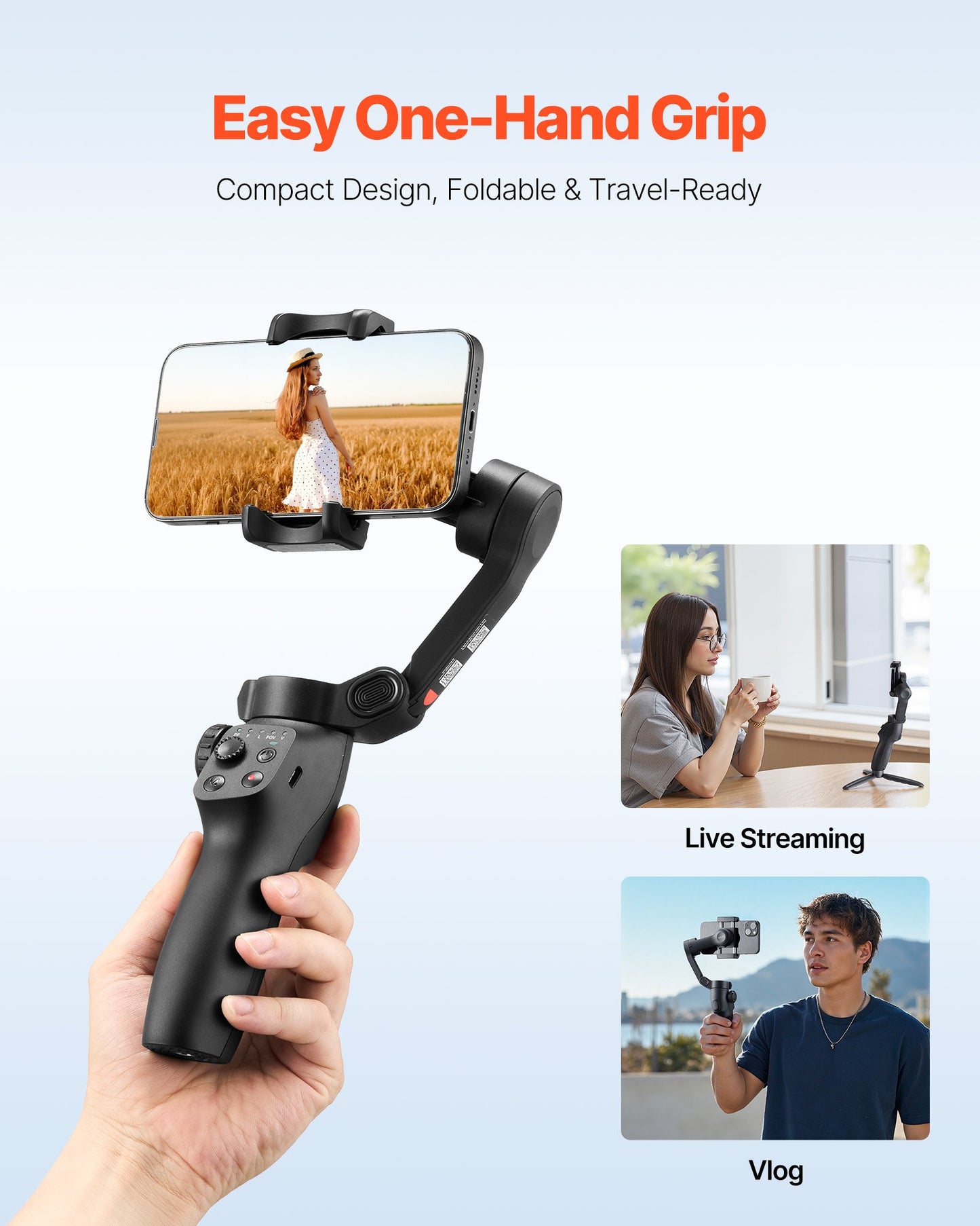 Gimbal Stabilizer for Smartphone, 3-Axis Stabilization, Phone Gimbal for Android & iPhone with Face/Object Tracking, Tripod, Portable & Foldable Handheld Phone Stabilizer for Video Recording