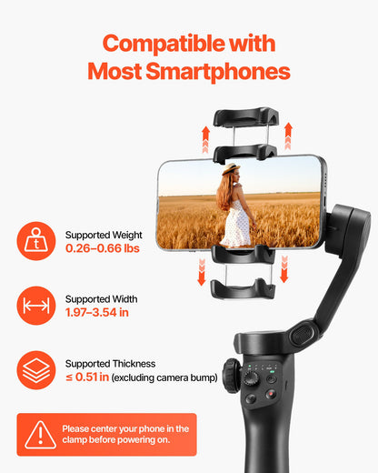 Gimbal Stabilizer for Smartphone, 3-Axis Stabilization, Phone Gimbal for Android & iPhone with Face/Object Tracking, Tripod, Portable & Foldable Handheld Phone Stabilizer for Video Recording