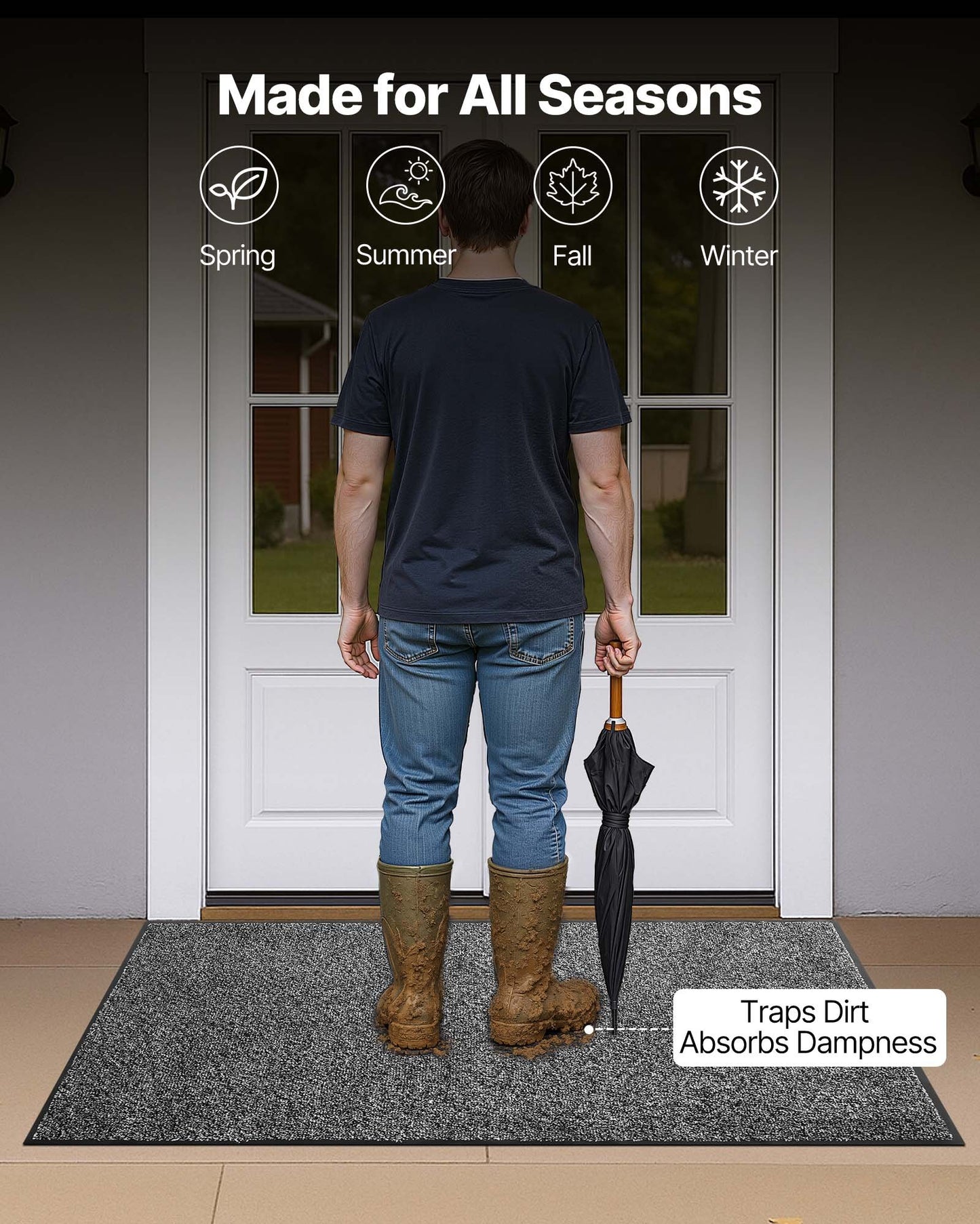 Front Door Mat, 5 x 3 ft Commercial Floor Mat for Indoor and Outdoor, Industrial Entrance Carpet with PVC Backing, Heavy Duty Washable Entry Rug for Hallway, Kitchen, Balcony, Garage, Grey