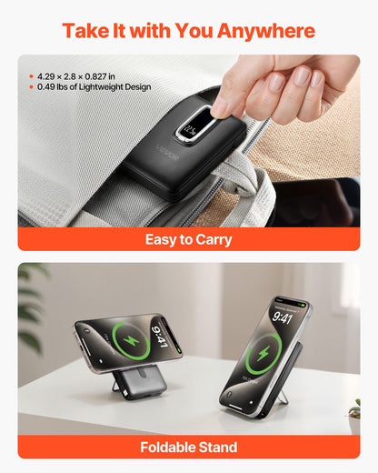 Magnetic Power Bank, 10000 mAh Battery Pack, Wireless MagSafe-Compatible Portable Charger, with Smart LED Display, Foldable Stand, Fast Charging for iPhone16/15/14/13/12 Series, Samsung, Huawei