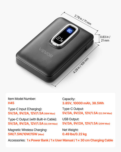 Magnetic Power Bank, 10000 mAh Battery Pack, Wireless MagSafe-Compatible Portable Charger, with Smart LED Display, Foldable Stand, Fast Charging for iPhone16/15/14/13/12 Series, Samsung, Huawei