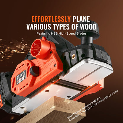 Cordless Electric Hand Planer, 3-1/4" Width, 16500 rpm Handheld Wood Planer with 5/64" Adjustable Planing Depth HSS Blade Dual Side Dust Outlets, for Woodworking Wood Planing Surface Smoothing