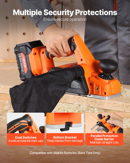 Cordless Handheld Planer, 3-1/4-Inch Cut Width, 15000 RPM Electric Hand Wood Planer with Brushless Motor, Adjustable Cut Depth for Woodworking, Compatible with 18V Battery (Bare Tool Only)