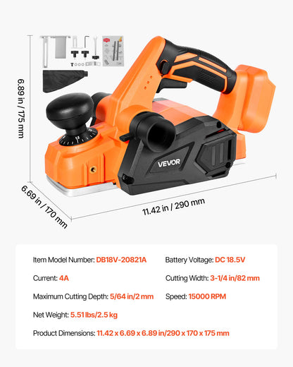 Cordless Handheld Planer, 3-1/4-Inch Cut Width, 15000 RPM Electric Hand Wood Planer with Brushless Motor, Adjustable Cut Depth for Woodworking, Compatible with 18V Battery (Bare Tool Only)