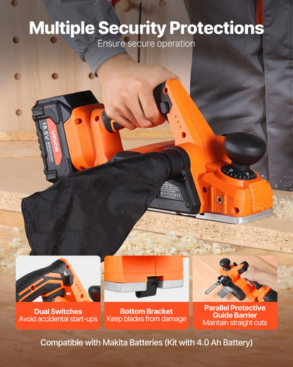Cordless Handheld Planer, 3-1/4-Inch Cut Width, 15000 RPM Electric Hand Wood Planer with 4.0 Ah 18V Lithium Battery, Brushless Motor, Adjustable Cut Depth, Dust Collection Bag, for Woodworking